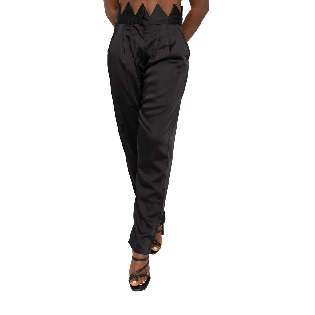 Description 100% poly Hand wash cold Zip fly with hook and bar closure Satin fabric Traingle shapes waistband  High waisted Color - black Size & fit  Modeled in size   Model measurement:   MADINGO LUXE - PANTS Size Waist Hip Length 2	27	35	39 4	28	38	40 6	29	40	40.5 8	31	42	41 10	32	44	41.5