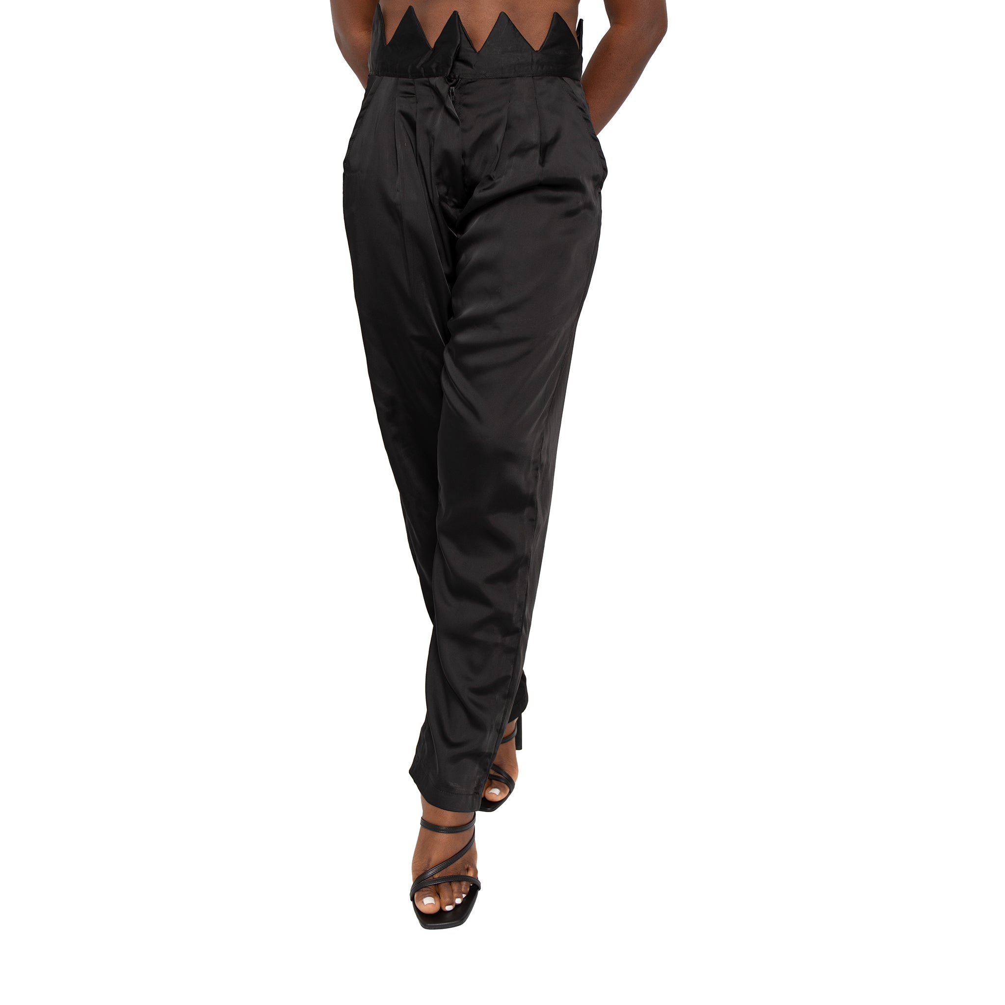 Description 100% poly Hand wash cold Zip fly with hook and bar closure Satin fabric Traingle shapes waistband  High waisted Color - black Size & fit  Modeled in size   Model measurement:   MADINGO LUXE - PANTS Size Waist Hip Length 2	27	35	39 4	28	38	40 6	29	40	40.5 8	31	42	41 10	32	44	41.5