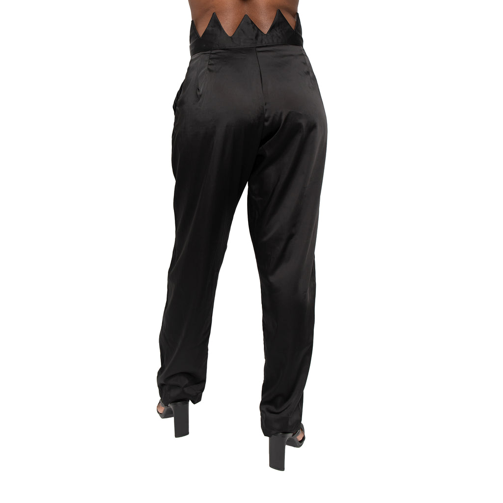 Description 100% poly Hand wash cold Zip fly with hook and bar closure Satin fabric Traingle shapes waistband  High waisted Color - black Size & fit  Modeled in size   Model measurement:   MADINGO LUXE - PANTS Size Waist Hip Length 2	27	35	39 4	28	38	40 6	29	40	40.5 8	31	42	41 10	32	44	41.5