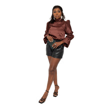 Load image into Gallery viewer, Description  100% poly Satin fabric Made in Sierra Leone  Dry clean only Fully Lined Puff sleeves Back tie closure  Flared sleeves Turtleneck  Color - brown Size &amp; fit  Modeled in size   Model measurement:   FOFIE - BLOUSE Size Bust Length Sleeve length XS	31	17	24 S	33	18	21 M	35	24	26 L	40	25	26 XL	42	26	26
