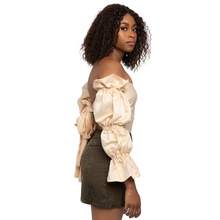 Load image into Gallery viewer, Cream puff sleeve with flared arms top. Open back tied closure.
