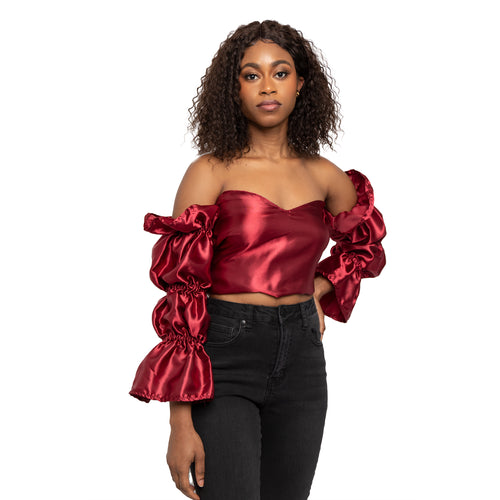 Burgundy puff sleeve with flared arms top. Open back tied closure.
