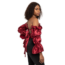 Load image into Gallery viewer, Burgundy puff sleeve with flared arms top. Open back tied closure.
