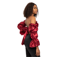 Load image into Gallery viewer, Burgundy puff sleeve with flared arms top. Open back tied closure.
