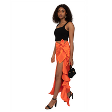 Load image into Gallery viewer, Description   100% polyester  High waisted Invisible zipper closure  Ruffle slit Unlined Satin fabric  Side slit Size &amp; Fit  Modeled in size S/M. Model Measurements: Height 5&#39;6&quot;, Waist 24&quot;, Bust 32&quot;, Hips 34&quot; ADI - SLIT SKIRT Size	Waist	Hip	Length 2	26	37	35.5 4	28	39	35.8 6	30	40	36 8	31	42	38 10	32	44	39
