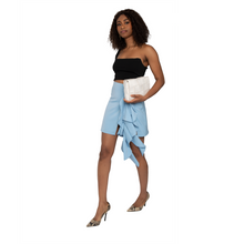 Load image into Gallery viewer, Sky blue mini skirt, high slit, ruched with buckle
